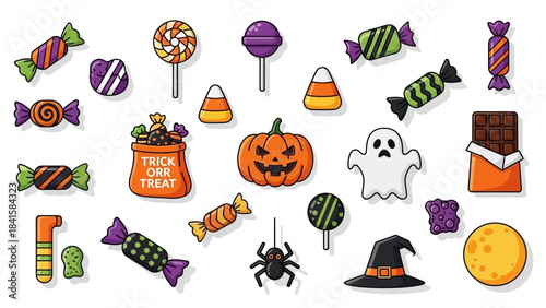 Vibrant assortment of Halloween treats and festive elements.
