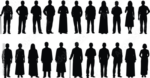 Collection of men and women silhouettes standing in formal and casual poses on white background representing diversity, identity, culture, lifestyle, and modern design