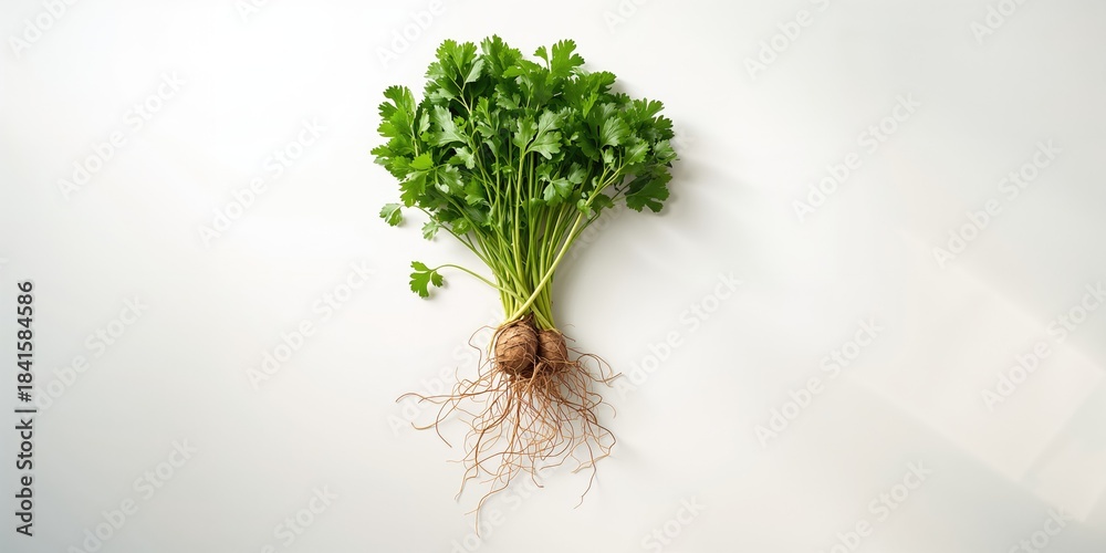 Fototapeta premium Fresh cilantro with roots and leaves set against a plain surface, ideal for ingredient identification or cooking tutorial background