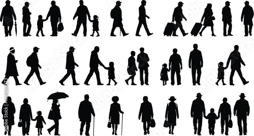 PrintCollection of people and family silhouettes walking with children, luggage, umbrellas, and bags on white background representing lifestyle, travel, daily life, and movement