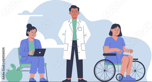 Doctor Standing with Patient in Wheelchair and Nurse with Laptop