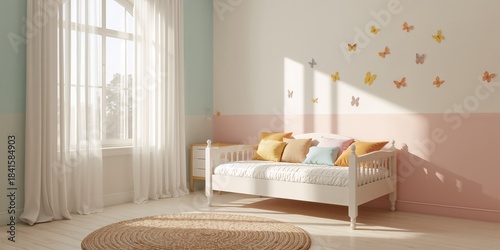 Child's bedroom with a white bed and light window, ideal for home decor planning
