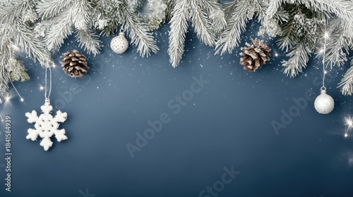 Frosted pine branches frame white snowflake ornament, pinecones, and baubles on deep blue background, with sparkling lights and snow. Festive Christmas decor mockup with winter elements