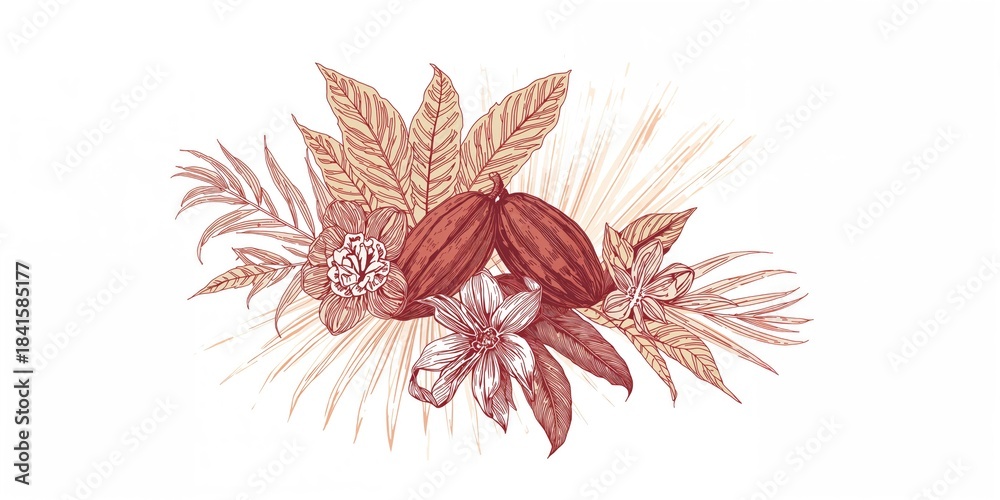 Fototapeta premium Vector graphic of cocoa beans with detailed engraving, highlighting organic origin and aromatic qualities, food processing