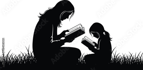 Black Silhouette of a Mother and Daughter Reading Books Together in Grass, Symbolizing Education, Learning, Bonding, Literacy, and Parental Nurturing Vector Illustration