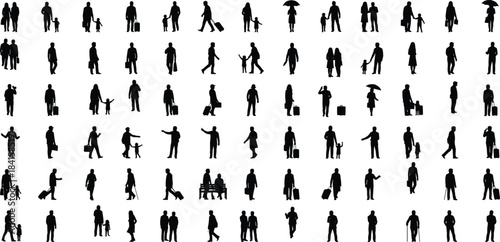 Collection of traveling people and family silhouettes with luggage on white background representing tourism, walking, lifestyle, parenting, movement, daily life, and modern design