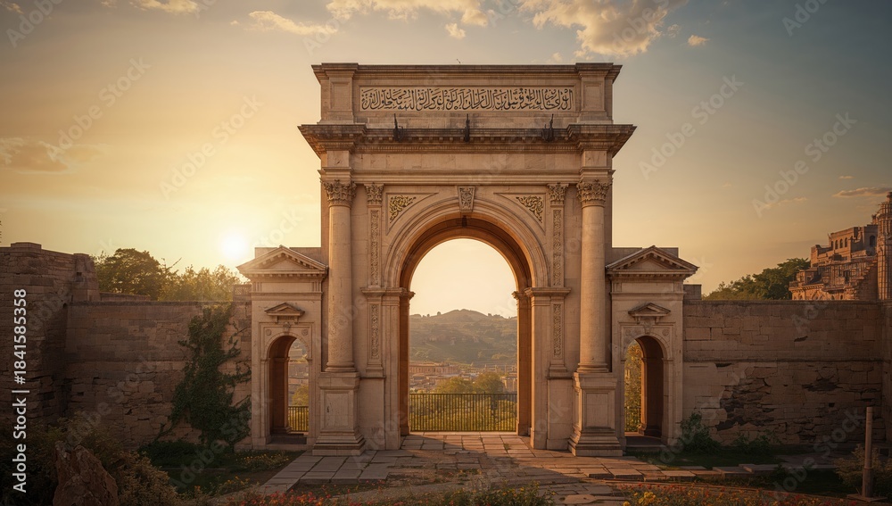 Obraz premium Weathered arches and towering columns of an antique city entrance, emphasizing timeless grandeur for historical themes