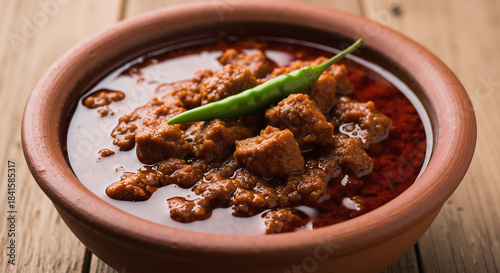 Traditional Indian Mutton Rogan Josh curry, a spicy meat dish served in an earthenware bowl.