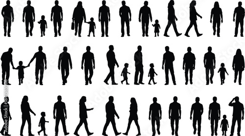 Collection of walking family and adult silhouettes on white background representing parenting, everyday lifestyle, movement, unity, activity, and modern design concepts