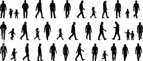 Collection of walking people silhouettes including adults and children on white background representing family, movement, lifestyle, daily activity, and modern design
