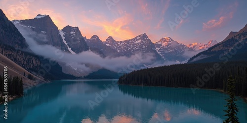 Serene mountain scene at sunrise with mist over forest and a blue lake reflecting colorful sky, ideal for nature photography