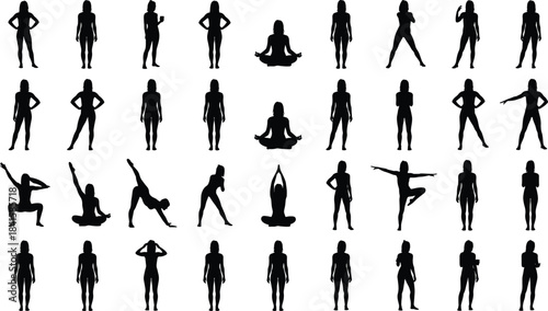 Collection of woman silhouettes in yoga, fitness, meditation, standing and active poses representing exercise, mindfulness, strength, stretching, balance, and healthy lifestyle