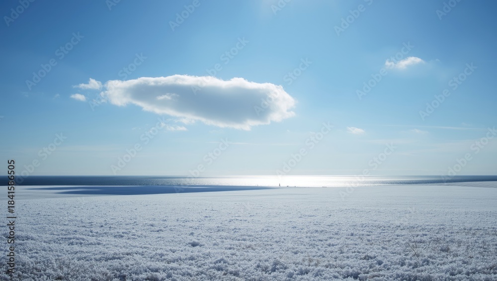 Fototapeta premium Snow-covered terrain under a crisp blue sky with a lone cloud, ideal for winter-themed layouts