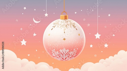 Decorative Christmas bauble with gold and white foliage patterns, hanging against gradient pink-orange sky with stars, moon, and clouds. Festive holiday ornament design with dreamy pastel aesthetic