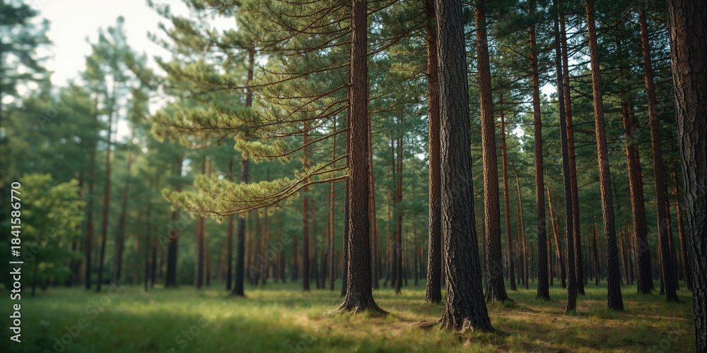 Fototapeta premium Pine forest landscape sustainable land use, background for environmental education