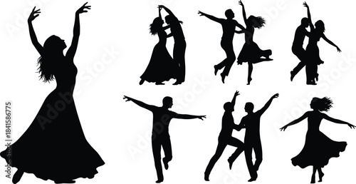 Silhouettes of dancers performing elegant solo and partner dance poses, ballroom, contemporary, Latin dance movements, artistic choreography, expressive motion collection.