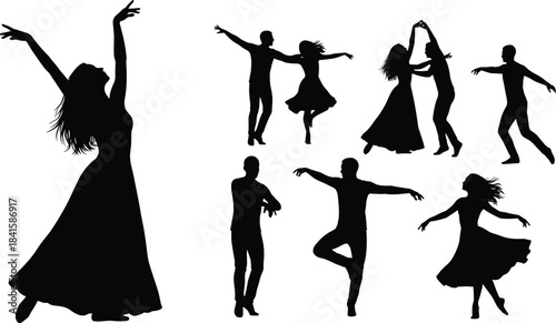 Silhouettes of dancers performing elegant solo and partner dance poses, expressive choreography, contemporary movements, spinning dancers, beautiful artistic motion collection.