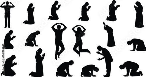 Black Silhouette Set of People Praying, Worshiping, and Kneeling in Various Poses, Symbolizing Spirituality, Religion, Faith, Devotion, Hope, and Inner Peace Vector