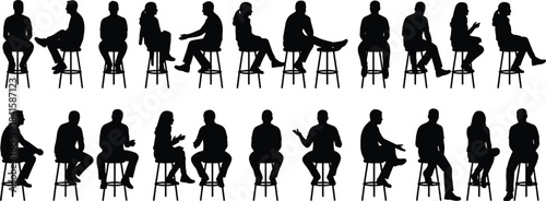 Silhouettes of diverse seated people on stools during conversation in profile views, expressive body language poses for communication, teamwork, discussion concepts