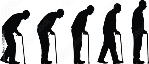 Silhouettes of elderly man walking with cane showing mobility support, aging process, posture changes, senior health, disability aid, and rehabilitation concepts