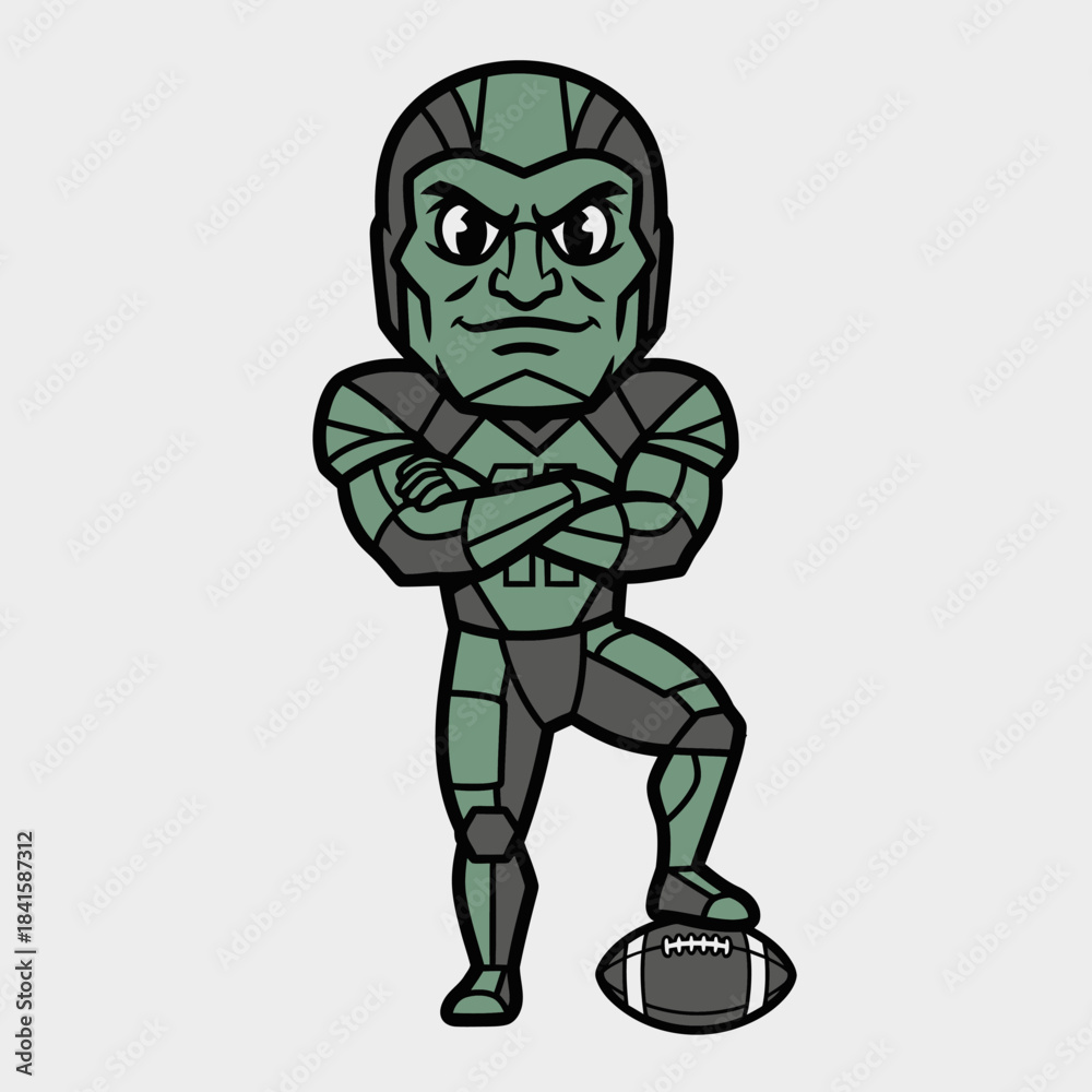 Obraz premium Green Football Player Mascot with Arms Crossed and Foot on Ball.