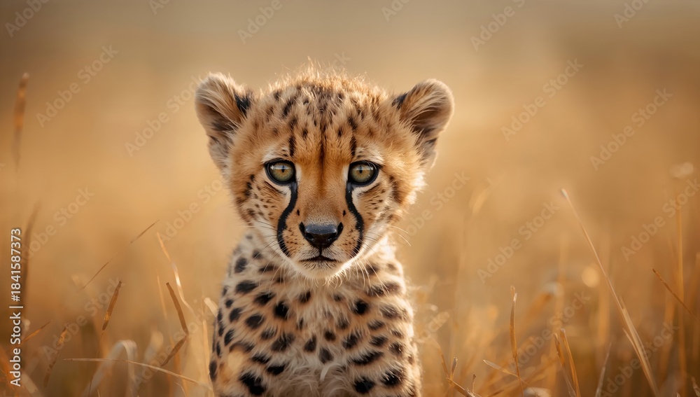 Obraz premium Close up of a young cheetah cub's face highlighting its distinctive markings, animal protection focus
