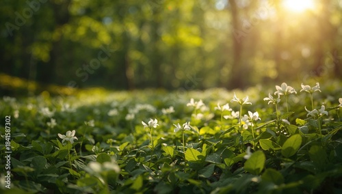 Fototapeta Naklejka Na Ścianę i Meble -  Forest scene showing blooming wood sorrel with distinctive trifoliate leaves, highlighting plant diversity
