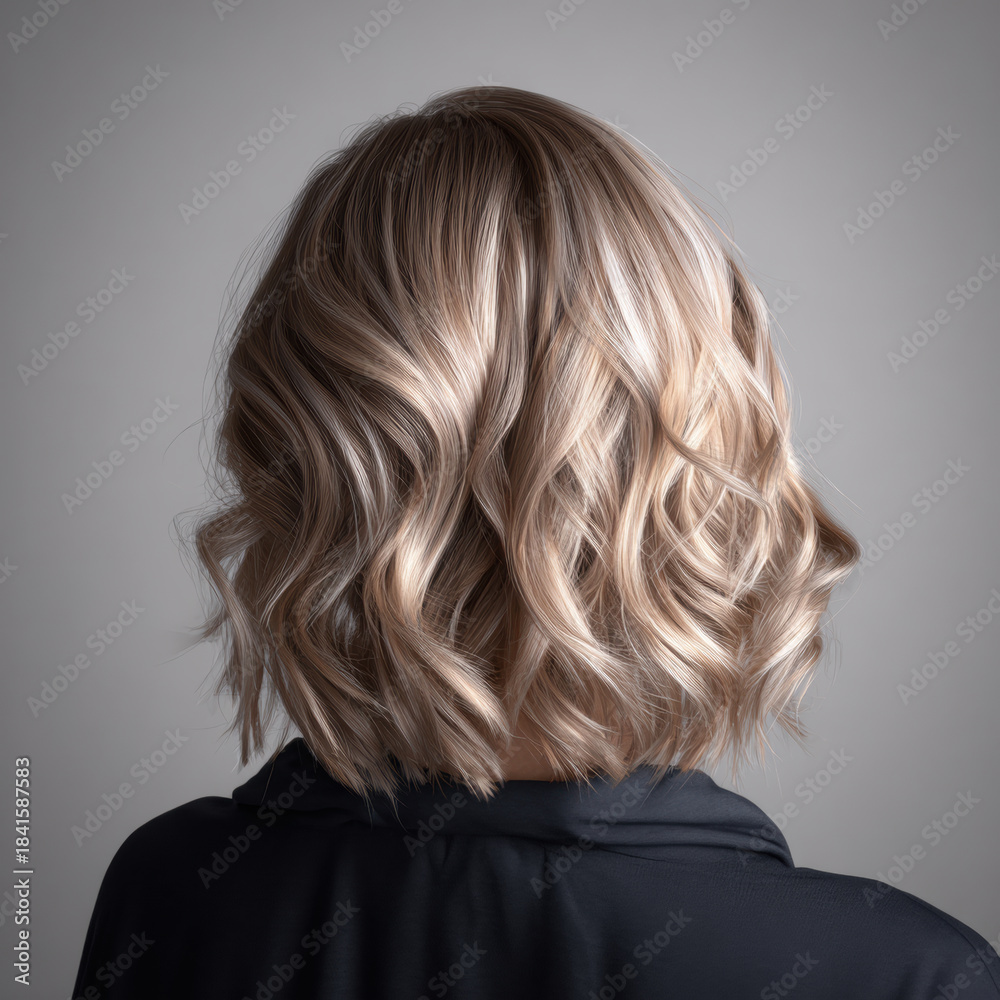 Obraz premium Blonde wavy bob haircut short hair back view shoulder length textured waves studio portrait