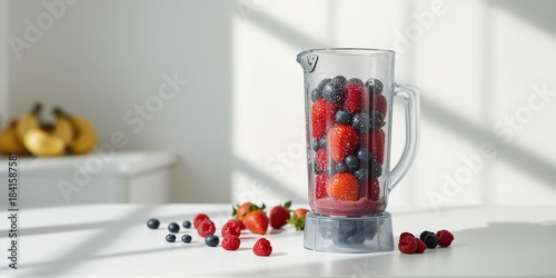 Fototapeta Naklejka Na Ścianę i Meble -  Making a smoothie with fresh fruits in a blender jar, healthy lifestyle choices