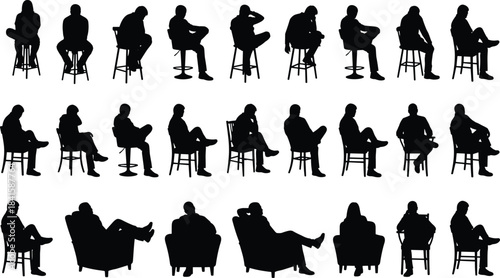 Silhouettes of seated people in relaxed poses on various chairs and stools, expressing thoughtful posture, rest, contemplation, loneliness and quiet mood