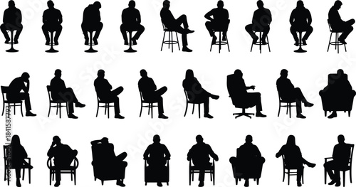 Silhouettes of seated people in various poses on chairs and stools, expressing contemplation, rest, emotion, solitude, relaxation, and thoughtful human posture