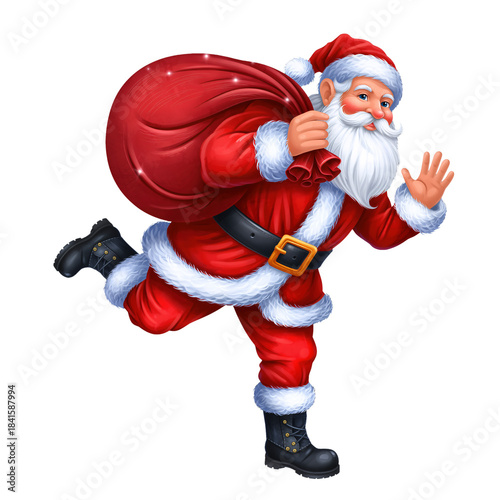 Claus running while carrying a large red sack in a festive scene during the holiday season
