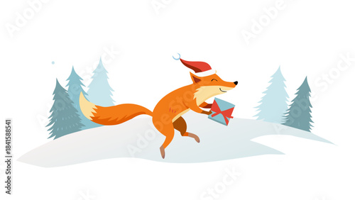 A clever fox wearing a tiny Santa coat delivering glowing Christmas wishes in envelopes while running through snowy woods