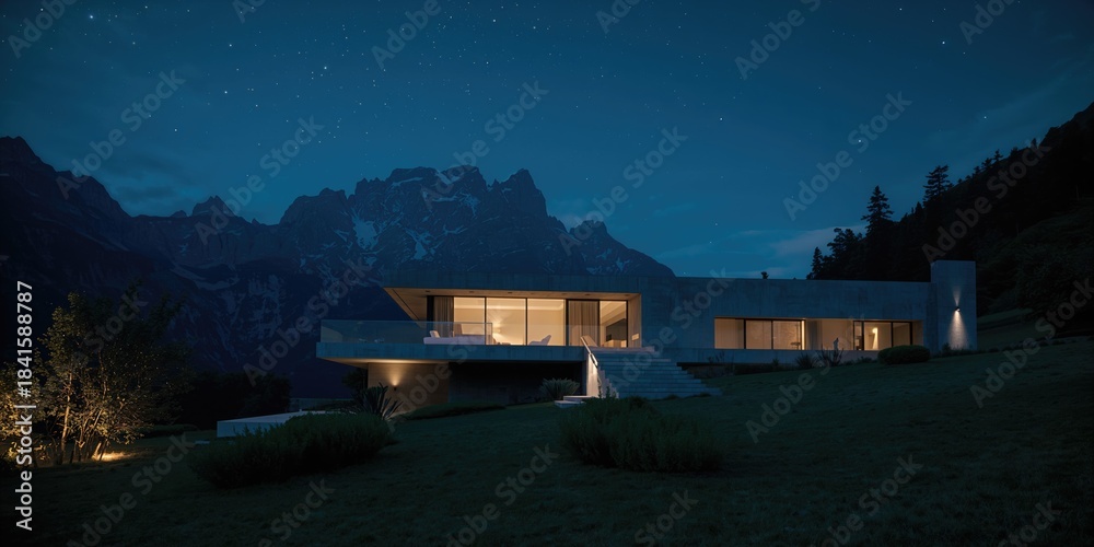 Fototapeta premium Night scene of a contemporary concrete residence, highlighting urban architectural features and exterior lighting
