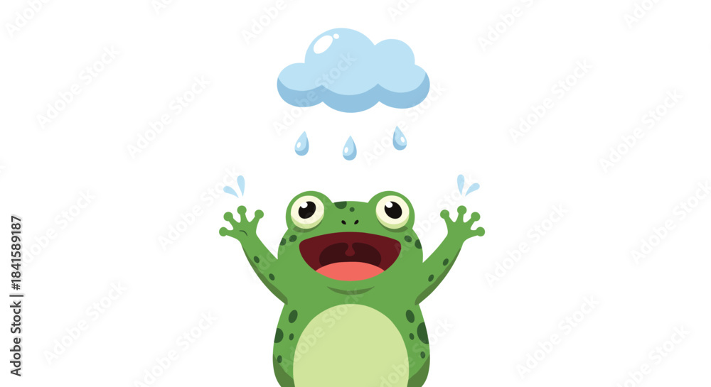 Obraz premium A happy green frog character is enjoying the rain from a small blue cloud with its mouth open and arms raised in joy.