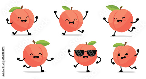 Collection of six cute and happy peach fruit characters dancing running winking and wearing sunglasses on a white background.