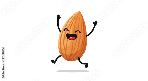 Ecstatic almond nut character with a joyful open-mouthed smile jumping high in the air with excitement on a white background.
