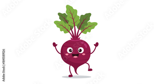 Cheerful beetroot vegetable character with big eyes and a happy smile dancing with excitement and waving its arms in the air.