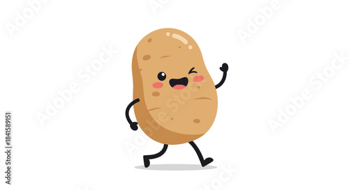 A happy and friendly cartoon potato character with a cute winking expression is walking and waving on a white background.
