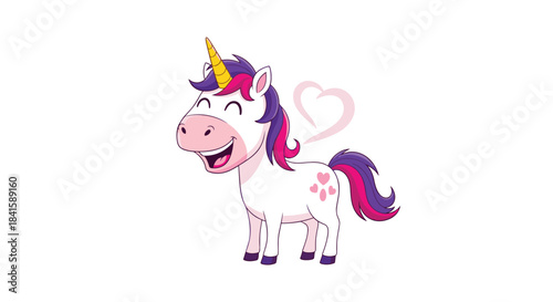 A joyful and magical white unicorn with a purple and pink mane laughs happily with a heart shape floating in the air.