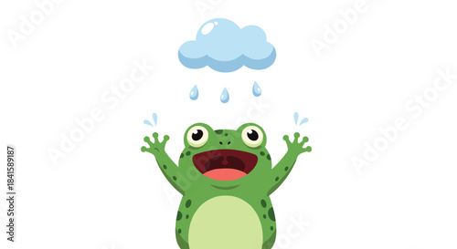 A happy green frog character is enjoying the rain from a small blue cloud with its mouth open and arms raised in joy.