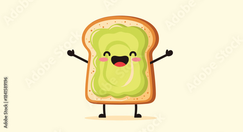 An adorable piece of toast with avocado spread character raising its arms in joy with a happy face and rosy cheeks.