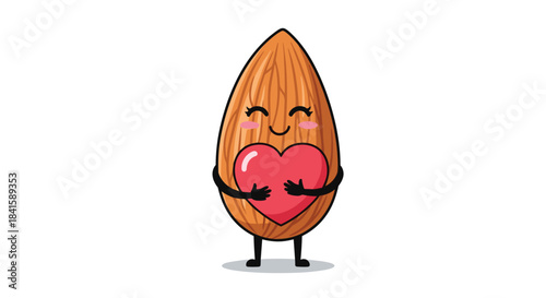 Lovely cartoon almond nut character with blushing cheeks and a happy expression hugging a large red heart showing love and care.
