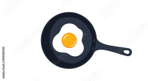 Simple flat design illustration of a perfectly cooked sunny-side-up fried egg sizzling in a black cast iron frying pan.