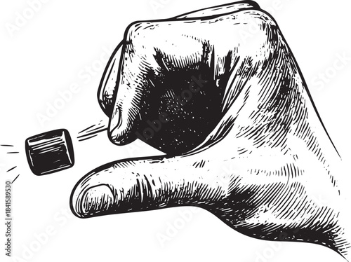 Hand with magnet sketch engraving vector illustration. Tee shirt apparel print design. Scratch board style imitation. Black and white hand drawn image.