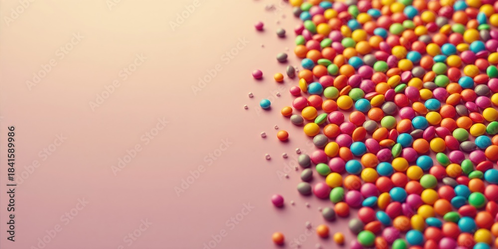 Obraz premium Bright rainbow-hued candy buttons aligned on a multicolored smarties backdrop, ideal for editorial header backgrounds