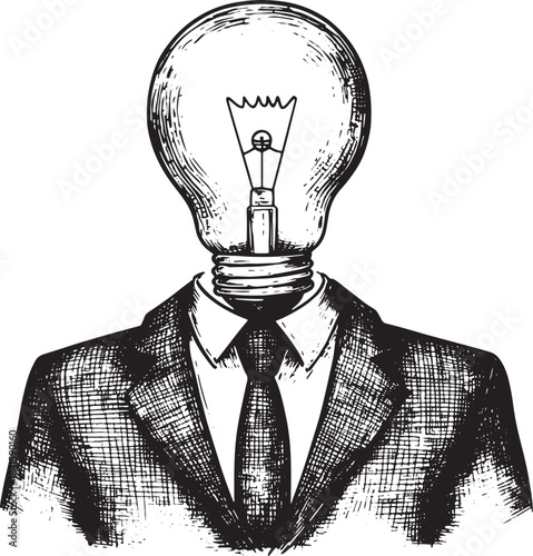 Businessman with lamp bulb instead head sketch engraving vector illustration. Scratch board style imitation. Black and white hand drawn image.
