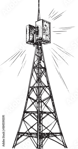 Old vintage radio tower broadcast transmitter sketch engraving vector illustration. Scratch board style imitation. Black and white hand drawn image.