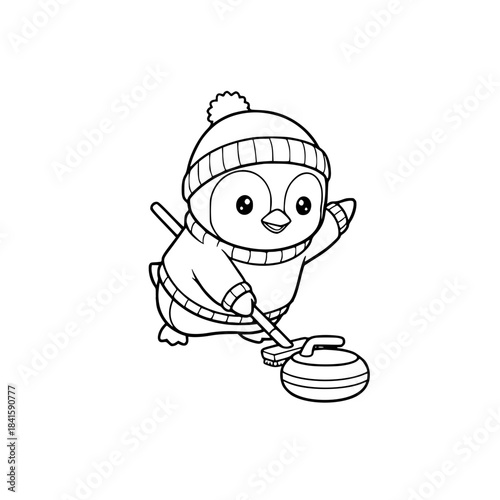 Cute Penguin Playing Curling Line Art. Kawaii Cartoon Black and White Vector Icon for Coloring Book, Winter Sports Mascot, Stone Game, or Simple Ice Design Generative AI