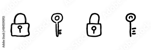 Padlock And Key Line Icon Set In Doodle Style. Security, Access Control, And Privacy Protection Outline Sketch Collection. Hand Drawn Isolated Vector Illustration